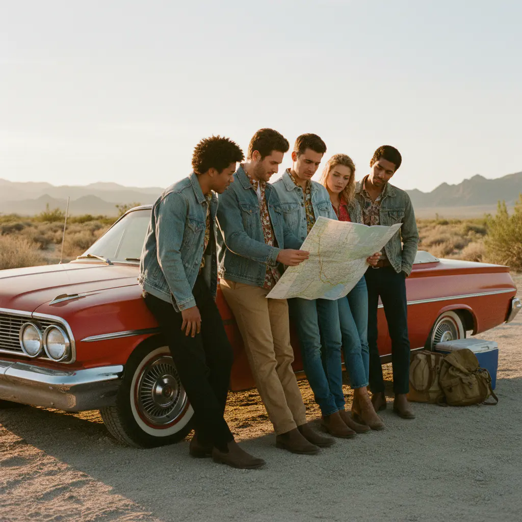 Friends looking at a map by a car