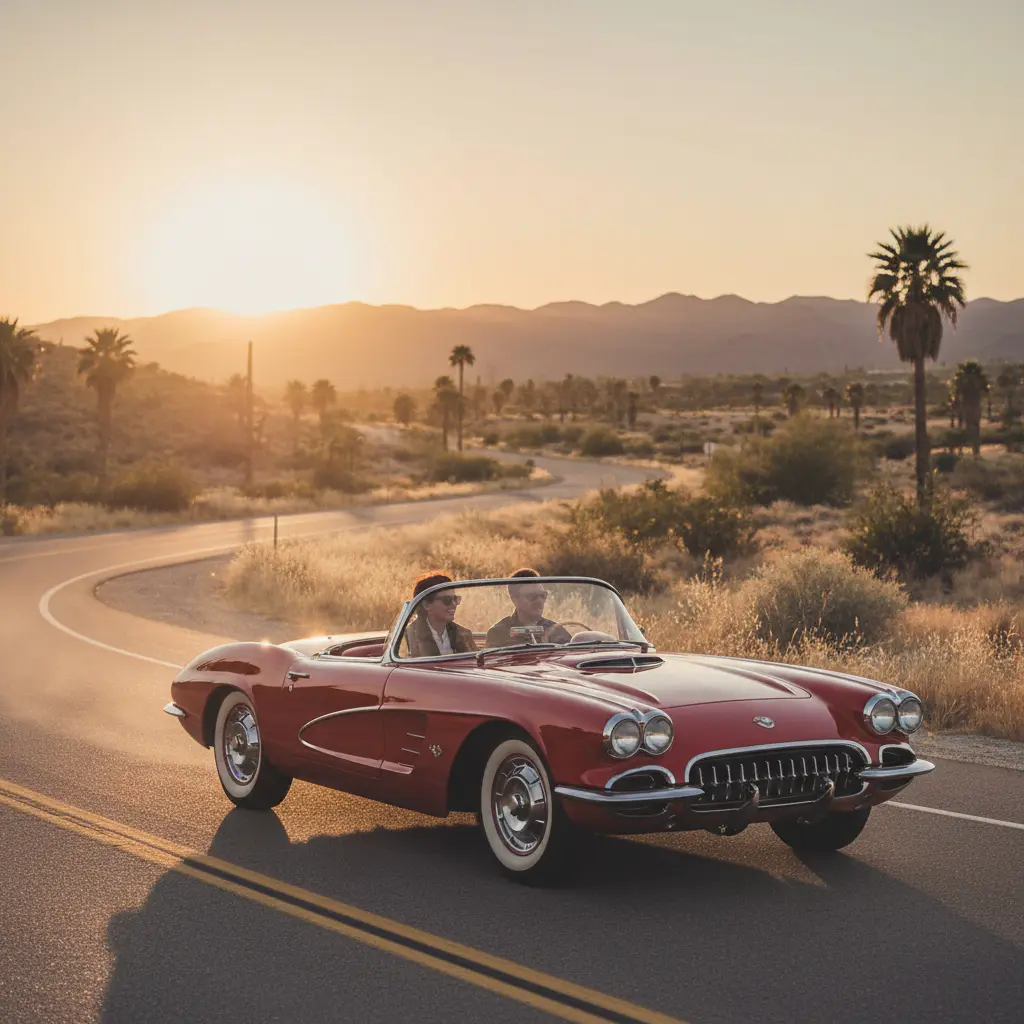 Classic car on a scenic highway at sunset