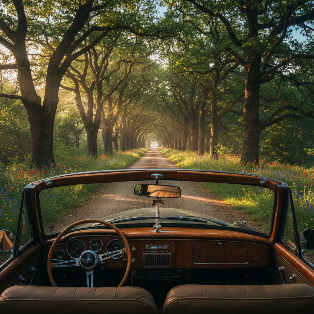 View from classic car dashboard